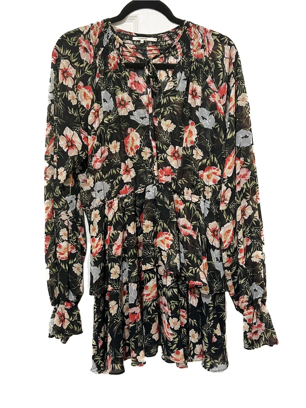 Tularosa Black Floral Mini Dress LBD Vacation Honeymoon Sheer Summer Sz Med - Picture 1 of 14